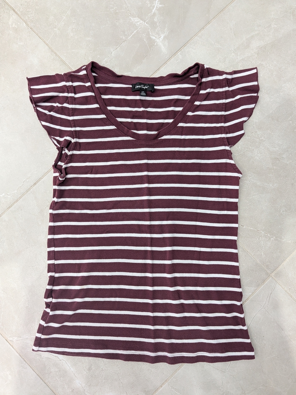 5/$35 Lord & Taylor Women’s Striped Flutter Sleeve Top – S Burgundy & White